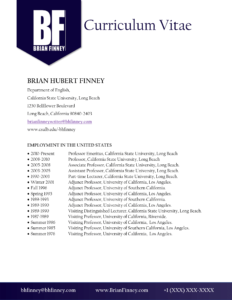 Brian Finney Curriculum Vitae Resume Author CV